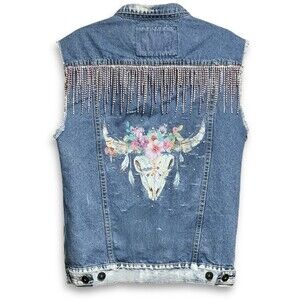 Southwestern Fashion Denim Vest Cow Skull Pink Rhinestone Fringe Women’s Medium